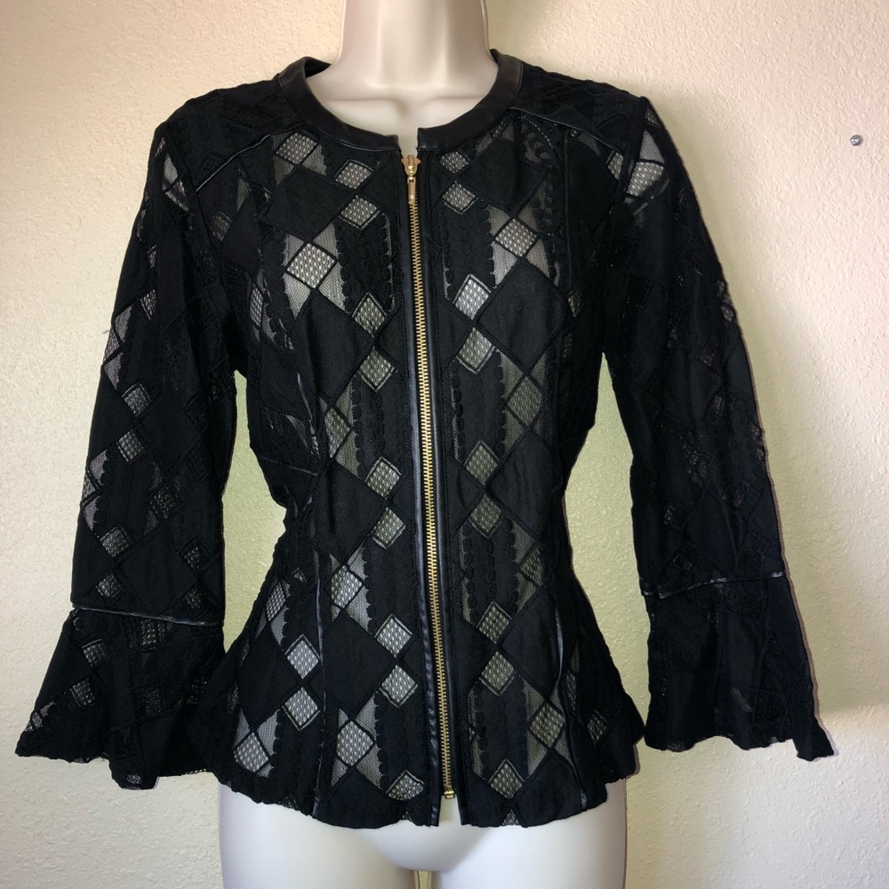 INC || black embroidered sheer zip jacket size Sm